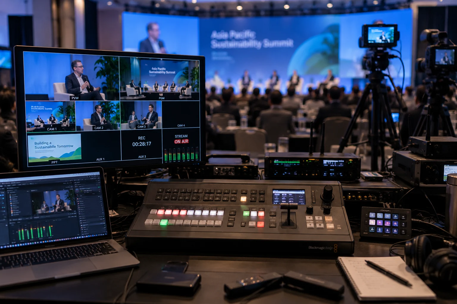 Conference live production desk with video switcher, multiview monitor and cameras facing a panel discussion